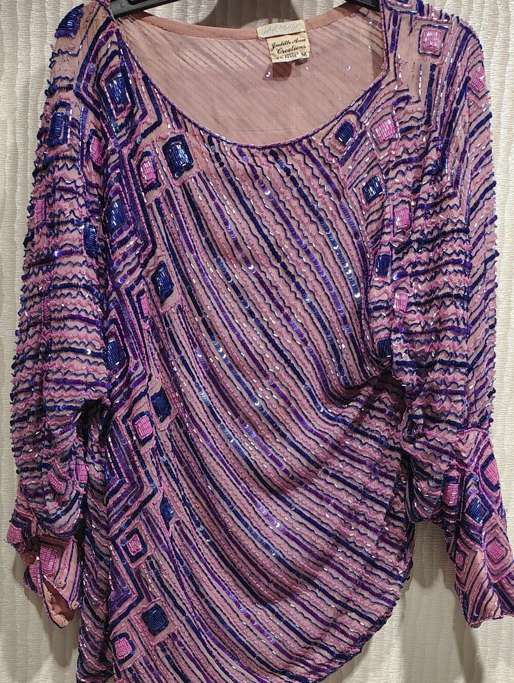 Vintage 80-90's Purple Pink Beaded Silk Diamond Showpiece Top Judith Ann Sz M-L